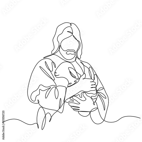 One continuous one drawn line art doodle of a spiritual Jesus Christ with the lamb .Isolated image of a hand-drawn outline on a white background.