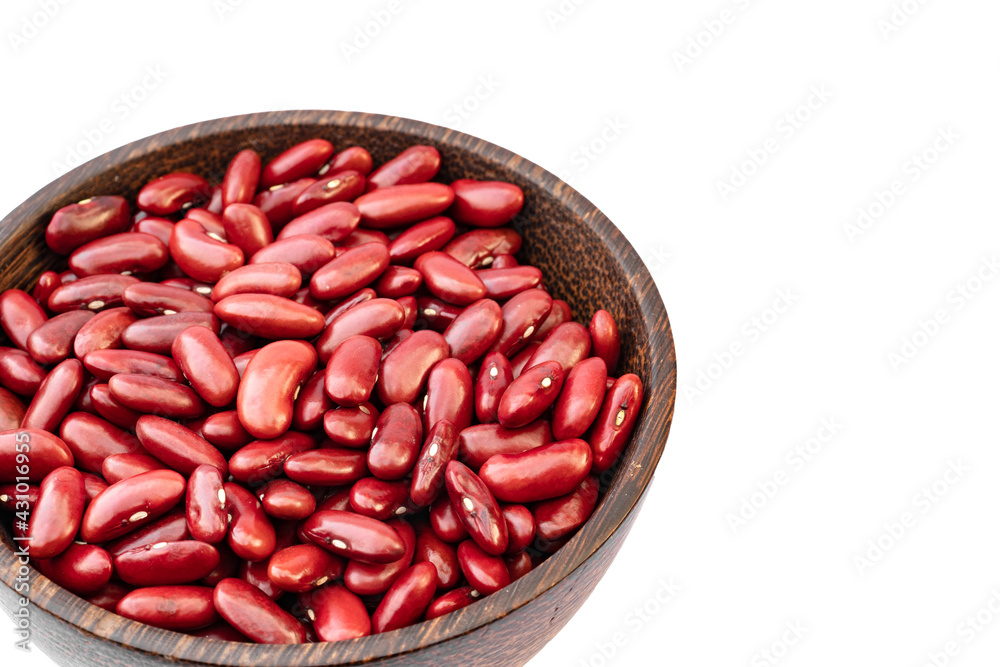 Kidney beans in wooden bowl on white background, copy space Kidney beans in wooden bowl on white background, copy space