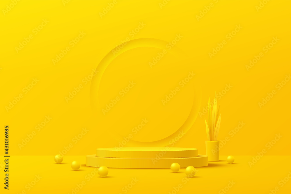 Abstract yellow cylinder platform podium with sphere ball. Plant pot and leave decorate. Bright yellow minimal wall scene with emboss circle. Vector rendering 3d shape for product display presentation Abstract yellow cylinder platform podium with sphere ball. Plant pot and leave decorate. Bright yellow minimal wall scene with emboss circle. Vector rendering 3d shape for product display presentation