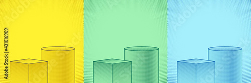 Set of cube and cylinder pedestal podium. Collection of green, yellow, blue background with halftone dot decorate. Vector 2d shape product display presentation. Simple flat design. Comic concept.