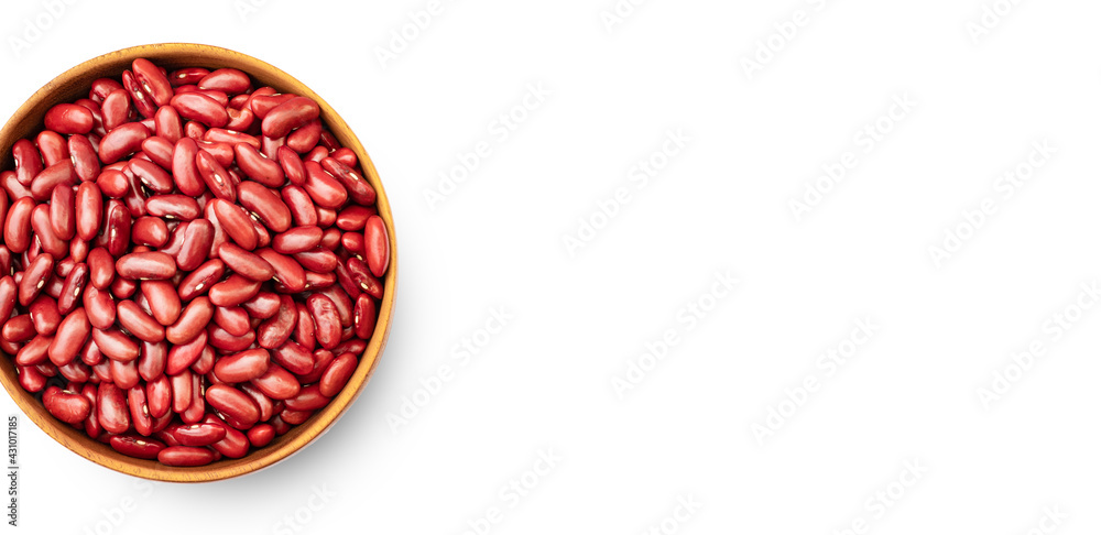 Top view of Kidney beans in wooden bowl on white background, copy space Top view of Kidney beans in wooden bowl on white background, copy space