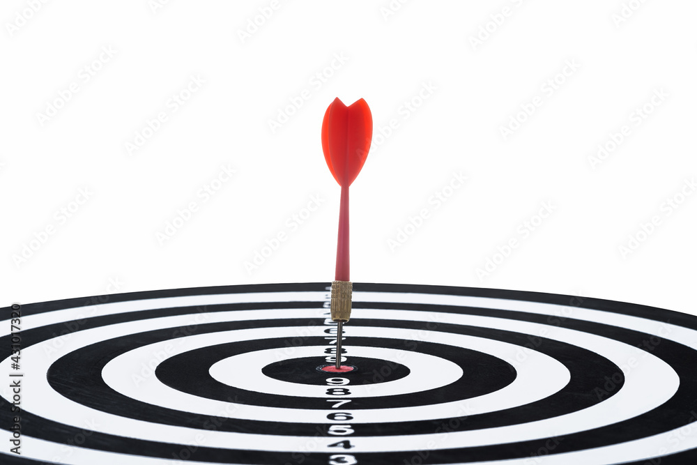 Bullseye is a target of business. Dart is an opportunity and Dartboard is the target and goal. challenge in business marketing as concept. White background Bullseye is a target of business. Dart is an opportunity and Dartboard is the target and goal. challenge in business marketing as concept. White background