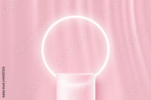 Transparent glass cylinder pedestal podium. Minimal sweet pink wall scene and glowing neon circular shape. Vector rendering 3d shape for product display presentation. Abstract room concept.
