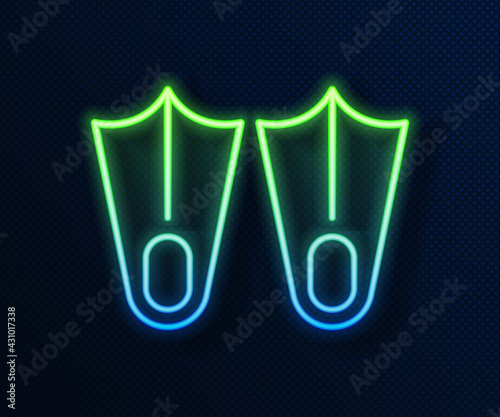 Glowing neon line Rubber flippers for swimming icon isolated on blue background. Diving equipment. Extreme sport. Diving underwater equipment. Vector