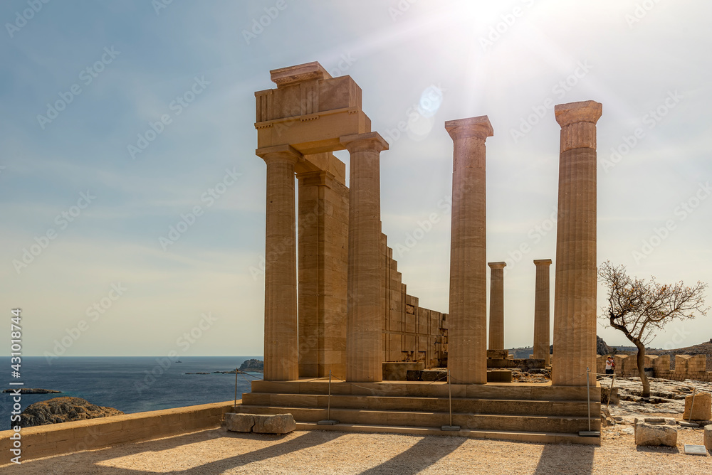 Rhodes Acropolis of Lindos Temple Ruins with Sun Flare