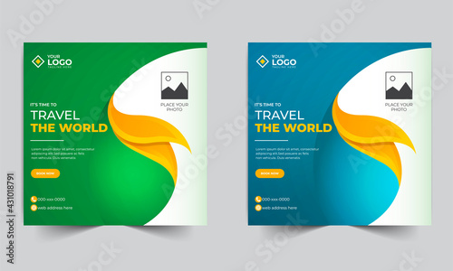 Trendy professional and colorful travel agency abstract social media post design layout,
tourism square web banner template ,promotional travel ads.