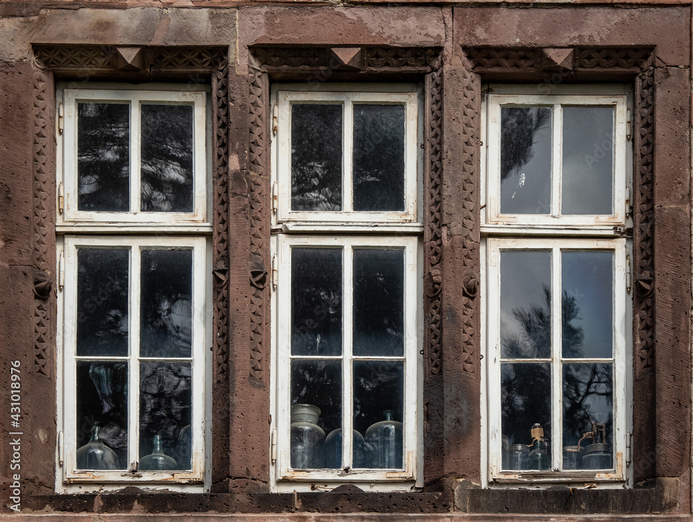 Old window and glass dishes