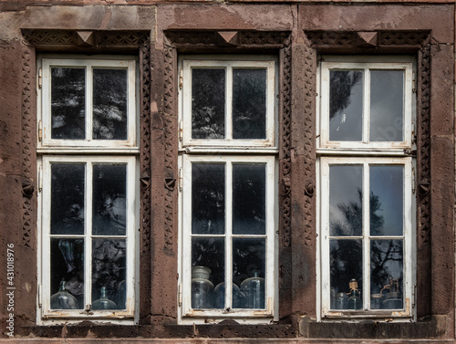 Old window and glass dishes