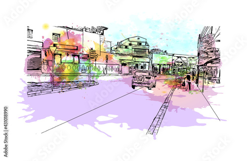 Building view with landmark of Envigado is the 
town in Colombia. Watercolor splash with hand drawn sketch illustration in vector.