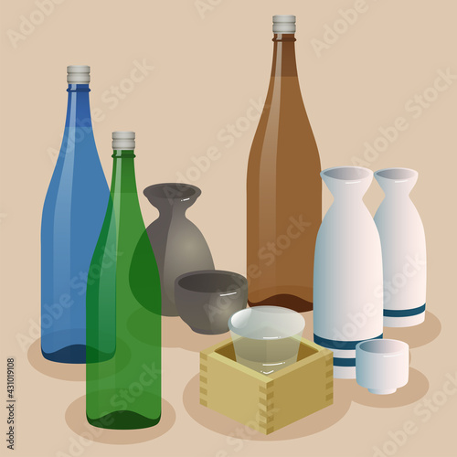 日本酒の瓶と酒器のイラスト素材