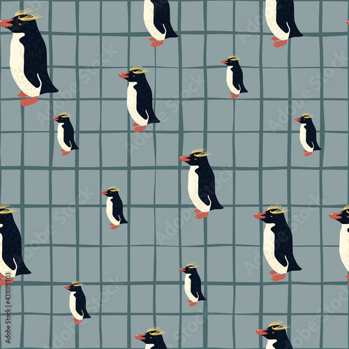 Random arctic nature fauna seamless pattern with doodle crested penguins print. Blue chequered background.