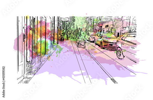 Building view with landmark of Envigado is the 
town in Colombia. Watercolor splash with hand drawn sketch illustration in vector.