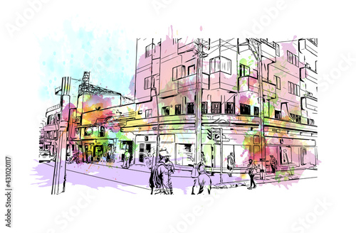 Building view with landmark of Envigado is the 
town in Colombia. Watercolor splash with hand drawn sketch illustration in vector.