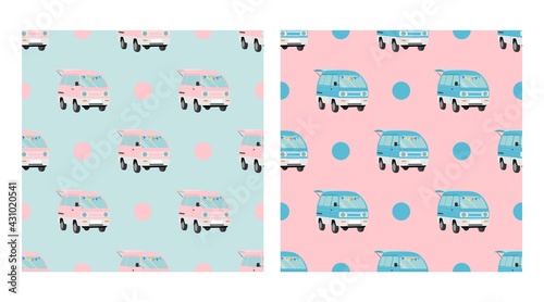 Retro van seamless pattern. Vintage bus background. Road trip van illustration.