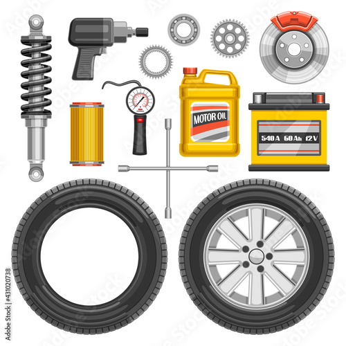 Vector set of Auto Parts, lot collection of cut out illustrations of auto parts and tools on white background.