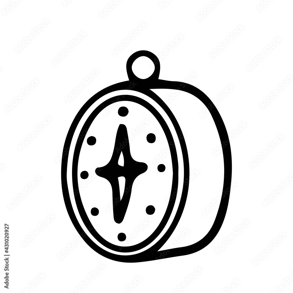 Compass hand drawn in doodle style with contour lines on a white background. Tool for navigation and orientation, location. Camping and hiking equipment Compass hand drawn in doodle style with contour lines on a white background. Tool for navigation and orientation, location. Camping and hiking equipment