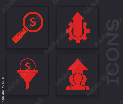 Set Growth chart and progress in people crowd, Magnifying glass and dollar, Arrow growth gear business and Lead management icon. Vector