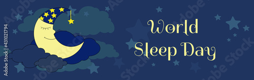 Horizontal banner A moon in a cap smiles and is at night in the clouds and among the stars. World sleep day and the concept of good sleep, fairy dreams, dreams and magic.