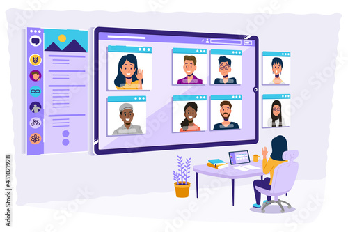 Working together as a group with video conference. Use technology for work at home.