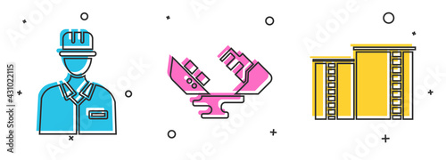 Set Oilman, Wrecked oil tanker ship and Oil industrial factory building icon. Vector