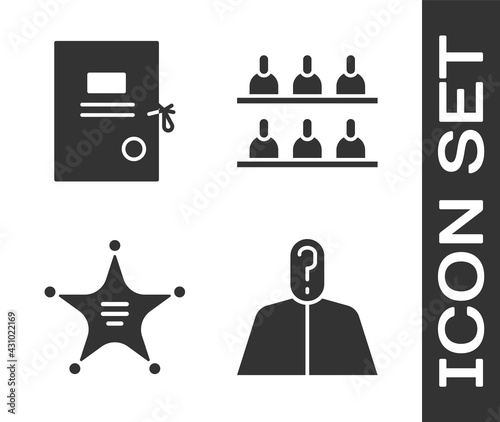 Set Anonymous with question mark, Lawsuit paper, Hexagram sheriff and Jurors icon. Vector