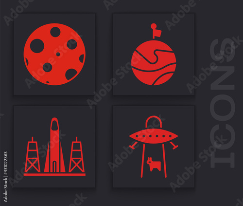 Set UFO abducts cow, Moon, Moon with flag and Rocket launch from the spaceport icon. Vector