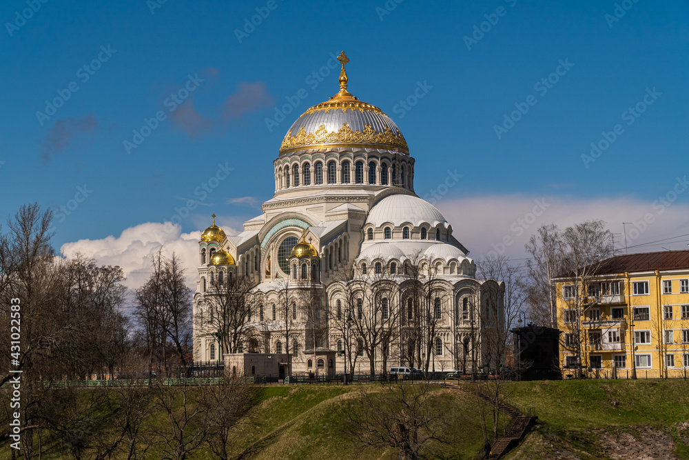 Russia. April 28, 2021. Spring view of the St. Nicholas Naval Cathedral in Kronstadt.