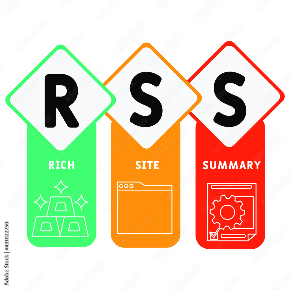 RSS - Rich Site Summary acronym. business concept background. vector illustration concept with keywords and icons. lettering illustration with icons for web banner, flyer, landing pag RSS - Rich Site Summary acronym. business concept background. vector illustration concept with keywords and icons. lettering illustration with icons for web banner, flyer, landing pag