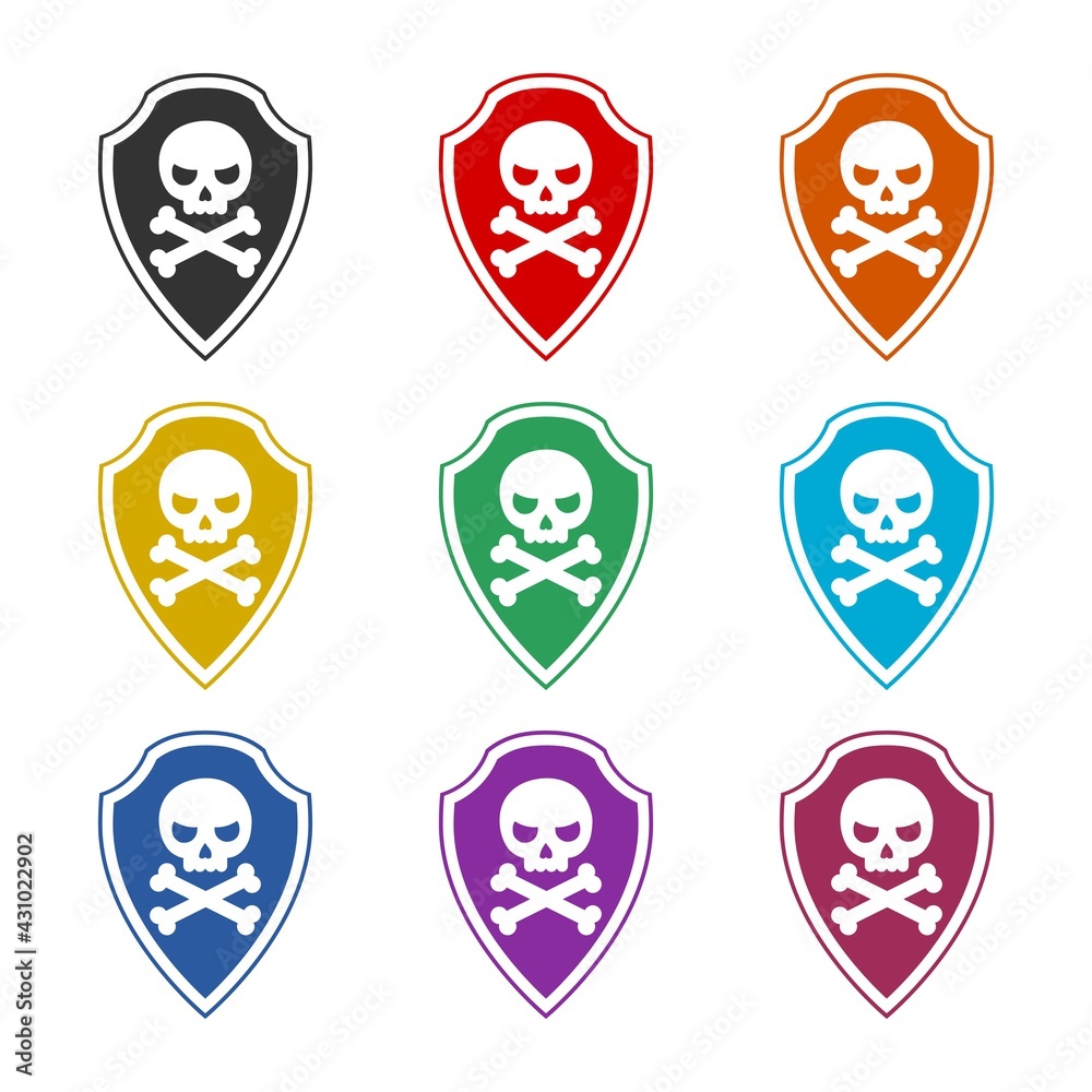 Shield with pirate skull icon isolated on white background color set Shield with pirate skull icon isolated on white background color set