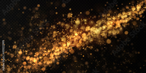 Glittering particles of fairy dust. Magic concept.Abstract festive background. Christmas background. Space background. Gold dust PNG.