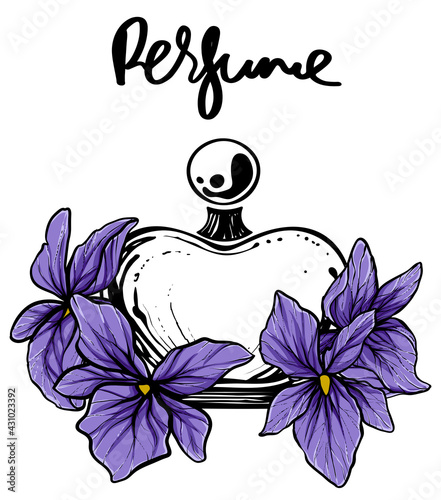 Perfume bpttle with violets around, color vector