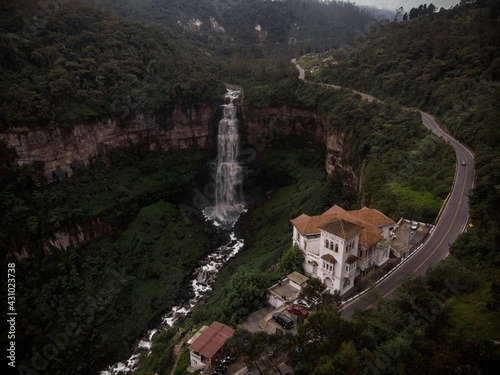 Aerial panorama of Bogota river waterfall Salto del Tequendama with Museum Hotel in Cundinamarca Colombia South America photo