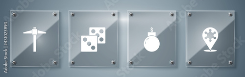 Set Hexagram sheriff, Bomb ready to explode, Game dice and Pickaxe. Square glass panels. Vector