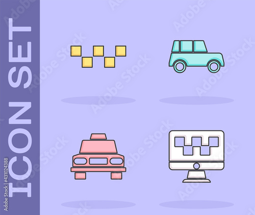 Set Computer call taxi service, Taxi car roof, and Car icon. Vector