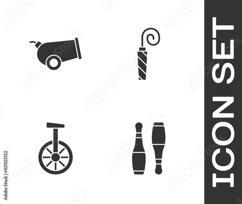 Set Bowling pin, Cannon, Unicycle or one wheel bicycle and Birthday party horn icon. Vector
