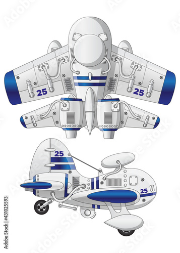 A drone with a jet engine. Top and side view. Isolated on white background. Vector illustration.