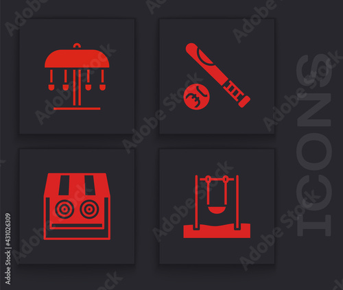 Set Swing, Attraction carousel, Baseball bat with ball and Shooting gallery icon. Vector