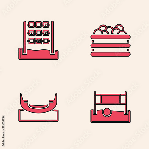 Set Volleyball net with ball, Tic tac toe game, Pool balls and Boat swing icon. Vector