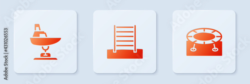 Set Swedish wall, Swing boat and Jumping trampoline. White square button. Vector