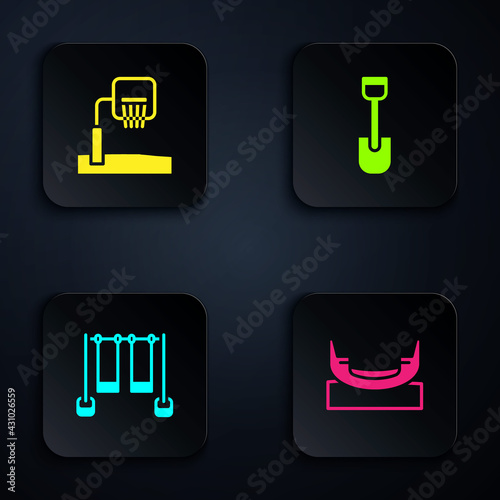 Set Boat swing, Basketball backboard, Double and Shovel toy. Black square button. Vector