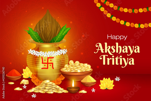 Gold coin in Kalash for Happy Akshaya Tritiya Festival Celebration 