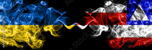 Ukraine, Ukrainian vs Brazil, Brazilian, Bahia smoky mystic flags placed side by side. Thick colored silky abstract smokes flags.