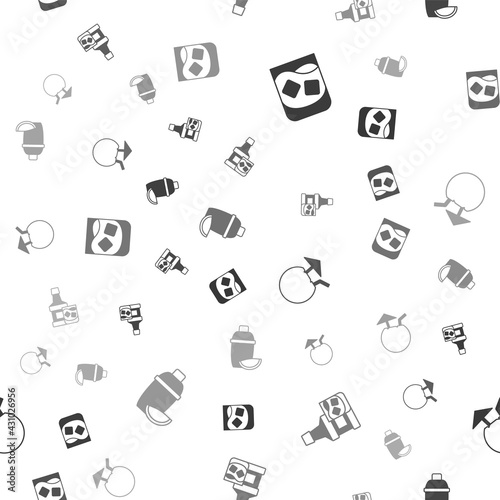 Set Glass of whiskey, Whiskey bottle and glass, Coconut cocktail and Cocktail shaker with lime on seamless pattern. Vector