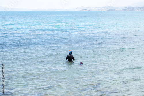 woman snorkeling with her dog
