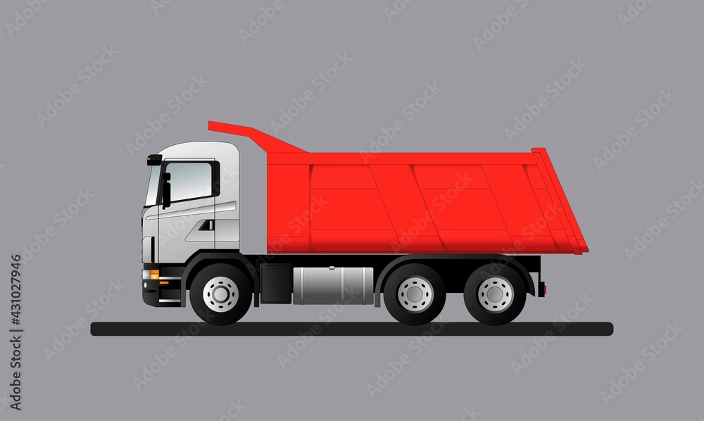European truck dump truck for the transportation of bulk cargo with a lifting capacity of 20 tons. Vector illustration.