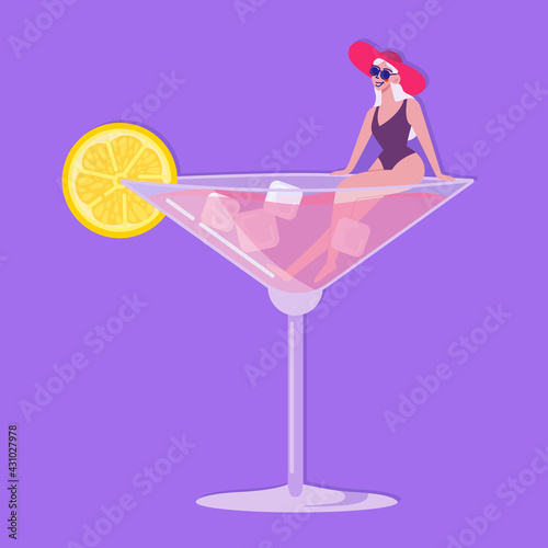 Woman in martini glass. Pretty girl in swimwear and hat sitting in cocktail. Design for promotion, event, flyer, club, show, template, web, application. Summer. Colourful vector illustration. Cartoon 