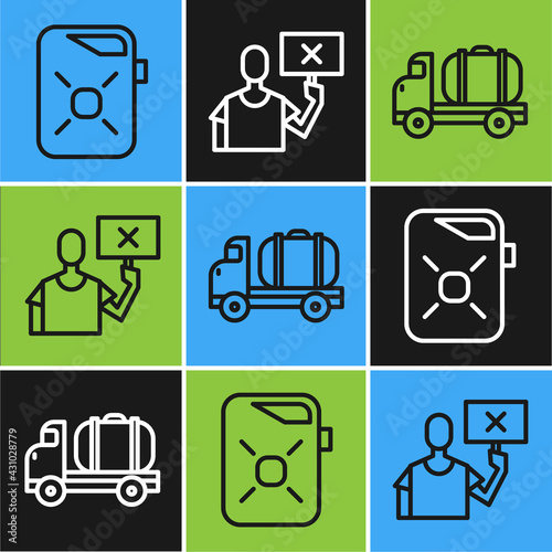 Set line Canister for motor oil, Tanker truck and Nature saving protest icon. Vector