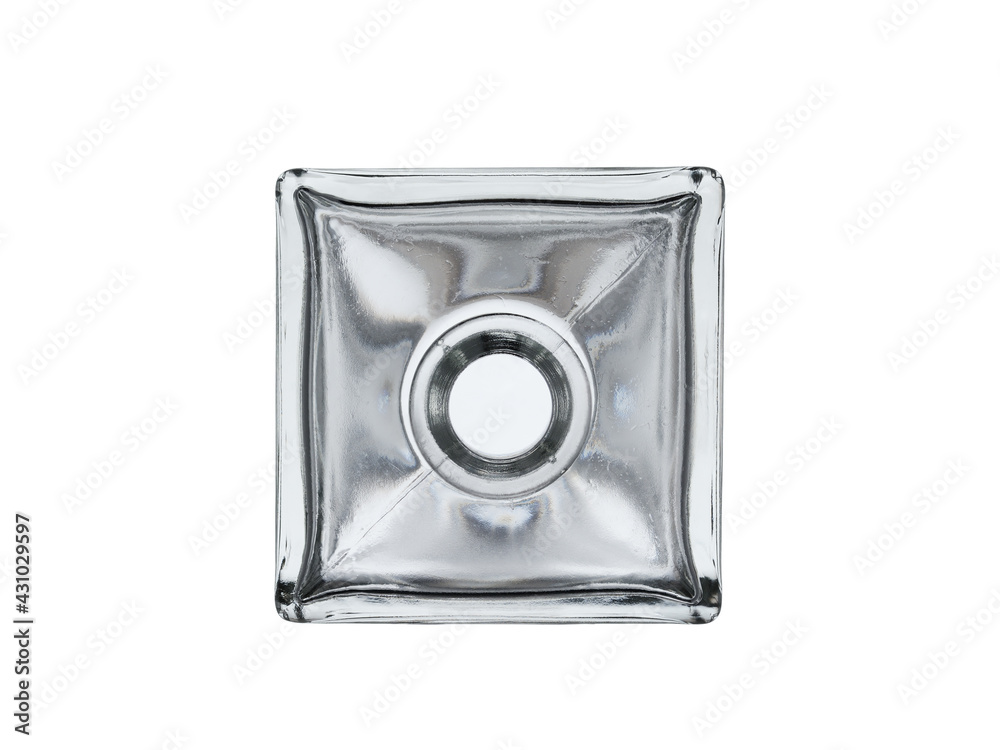 Empty, rectangular glass bottle, open without a lid. Isolated on a white background, top view. Empty, rectangular glass bottle, open without a lid. Isolated on a white background, top view.