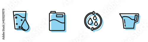 Set line Recycle clean aqua, Glass with water, Big bottle and Jug glass icon. Vector