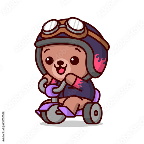 CUTE BABY BROWN BEAR IN BIKER OUTFIT IS FEELING HAPPY WHEN RIDE A PURPLE TRICYCLE. HIGH QUALITY CARTOON CHARACTER DESIGN.